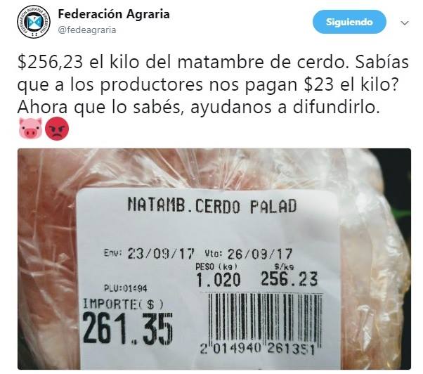 FAA: "Un matambre de cerdo se vende a $ 256,23 el kilo y a los productores les pagan $ 23" 1 FAA tuit