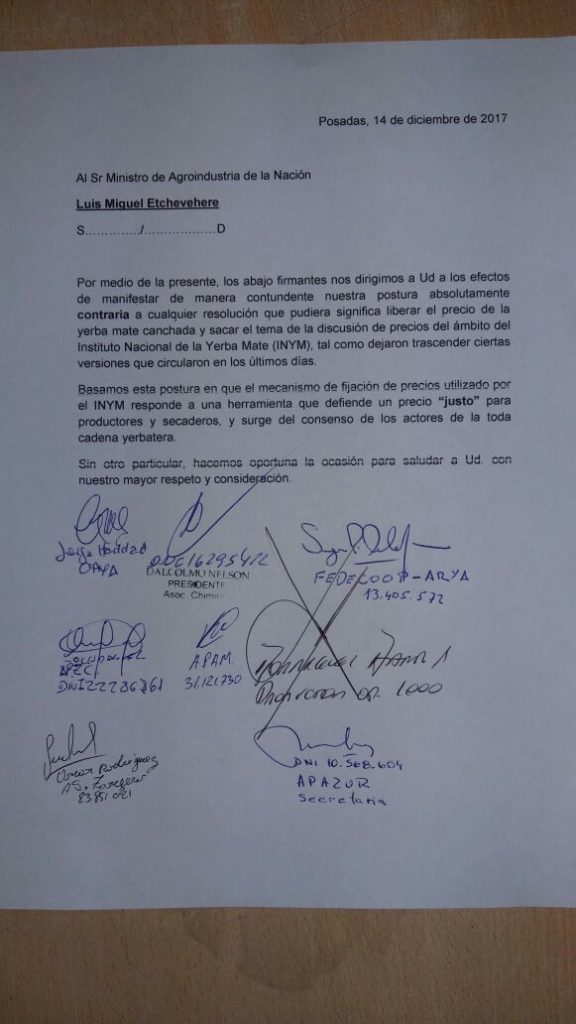 Crecen las quejas por los rumores de liberación del precio de la yerba mate canchada 1 carta productores yerba
