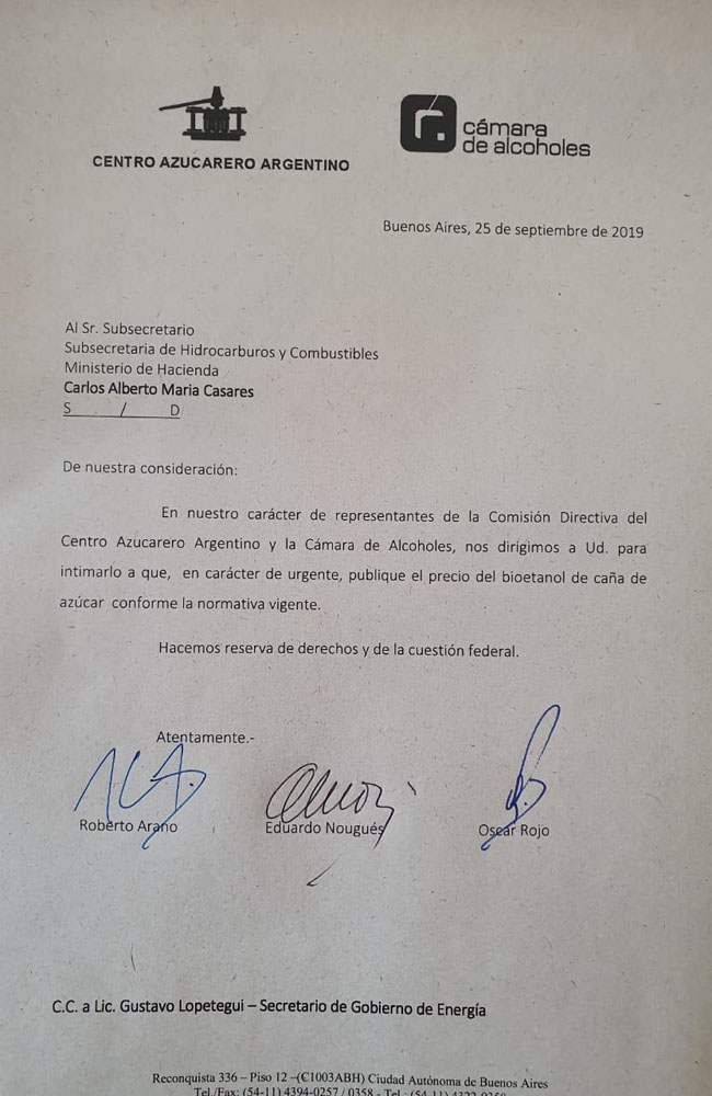 Intiman a la secretaría de Hidrocarburos y Combustibles a que publique el precio actualizado del bioetanol 1 intimacion azucareros