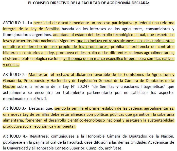 La FAUBA rechazó el proyecto de ley de Semillas del Gobierno 1 leydesemillas