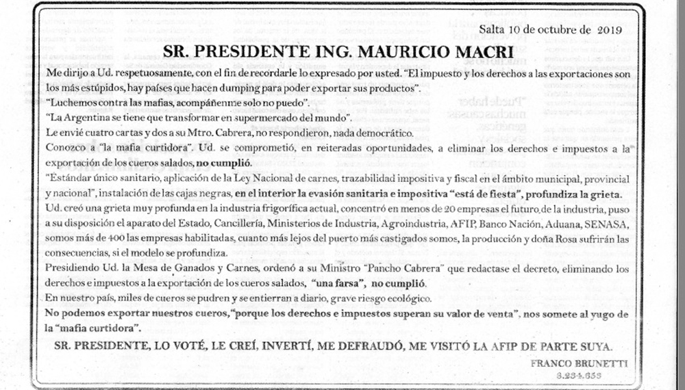 La carta de un empresario de la carne a Macri: "Me defraudó y me visitó la AFIP por su culpa" 1 carta macri