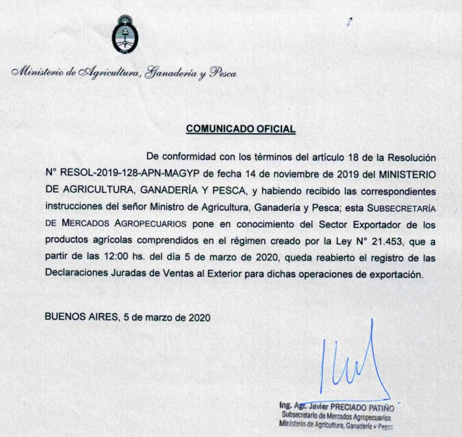 Comunicado oficial de declaración de venta 