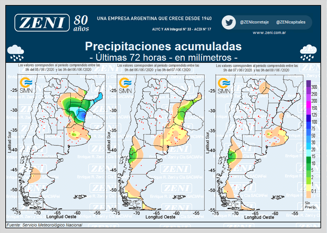 En las últimas 72 horas se registraron lluvias escasas y zonales que agregan incertidumbre al trigo 1 Mapa de lluvias - Fin de semana 5-7 de junio