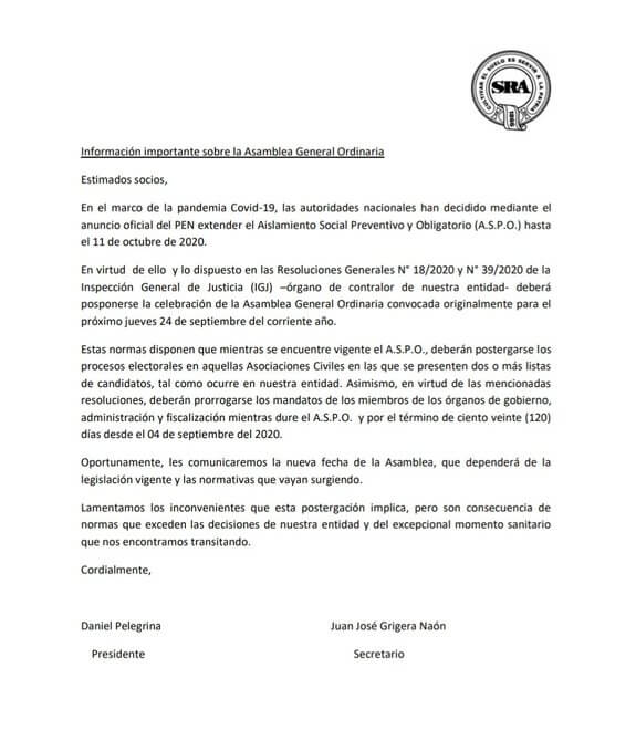 Extensión del aislamiento: se postergan las elecciones en la SRA, al menos, hasta enero 1 Comunicado de la SRA sobre la elecciones