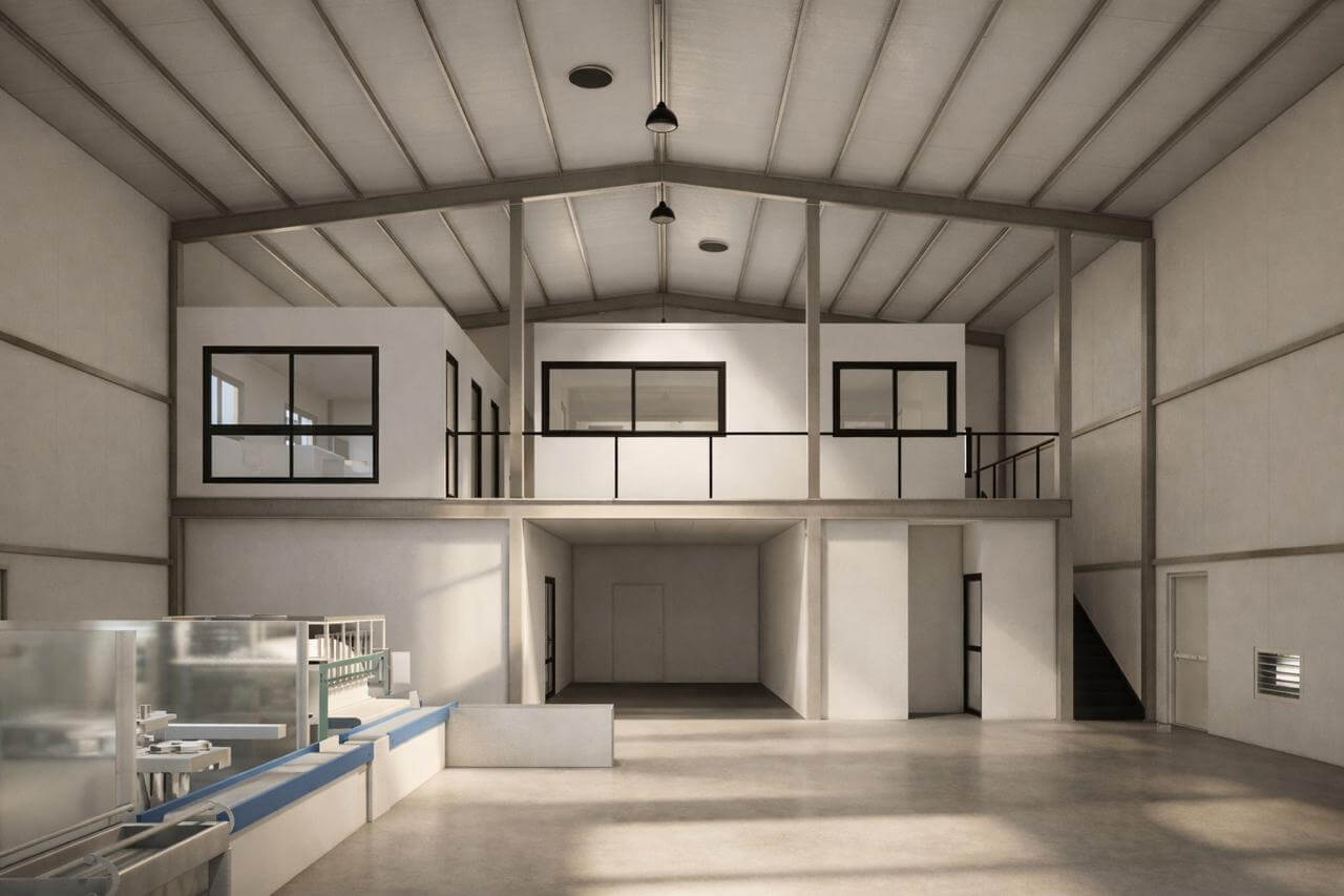 Tropfen render de obra vista interna de la nave de produccion